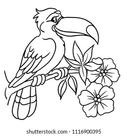 Cute toucan sits on a branch. Isolated on white background. Outlined for coloring book.