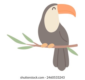 Lindo tucán se sienta en la rama en diseño plano. Feliz mascota de la selva, pájaro tropical. Ilustración vectorial aislada.