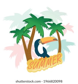 A cute toucan sits on a sign among palm trees. The illustration is made in a flat style, suitable for logo and textiles