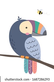 Cute toucan sitting on branch and flying bee. Poster for baby room. Childish print for nursery. Design can be used for fashion t-shirt, greeting card, baby shower. Vector illustration.