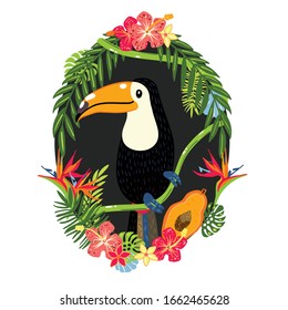 Cute toucan sitting on a tropical branch. Beautiful print with plants and flowers on a dark background. Vector oval book illustration for children isolated on a white 