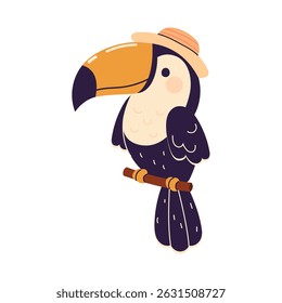 Cute toucan in a straw summer hat sitting on a branch. Vector illustration hand drawn in children's style isolated on white background