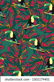 Cute Toucan Summer Seamless Pattern. Tropical Bird Vector Print. Floral Paradise Design with Toucan. Exotic Spring Beach Illustration with Bird.