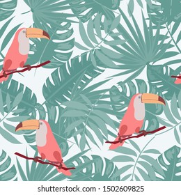 Cute Toucan Summer Seamless Pattern. Tropical Bird Vector Print. Floral Paradise Design with Toucan. Exotic Spring Beach Illustration with Bird.