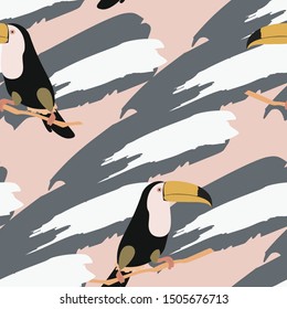 Cute Toucan Summer Seamless Pattern. Tropical Bird Vector Print. Floral Paradise Design with Toucan. Exotic Spring Beach Illustration with Bird.