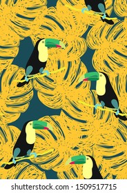 Cute Toucan Summer Seamless Pattern. Tropical Bird Vector Print. Floral Paradise Design with Toucan. Exotic Spring Beach Illustration with Bird.