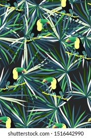 Cute Toucan Summer Seamless Pattern. Tropical Bird Vector Print. Floral Paradise Design with Toucan. Exotic Spring Beach Illustration with Bird.