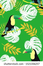 Cute Toucan Summer Seamless Pattern. Tropical Bird Vector Print. Floral Paradise Design with Toucan. Exotic Spring Beach Illustration with Bird.