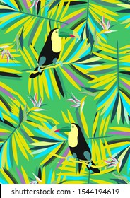 Cute Toucan Summer Seamless Pattern. Tropical Bird Vector Print. Floral Paradise Design with Toucan. Exotic Spring Beach Illustration with Bird.