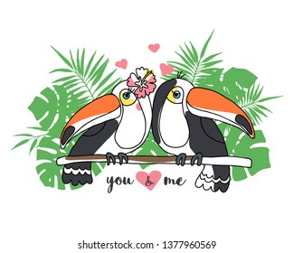 Cute toucans falling in love isolated on white background. Exotic bird. Design element for poster, banner, print, t-shirt and other. Vector illustration.