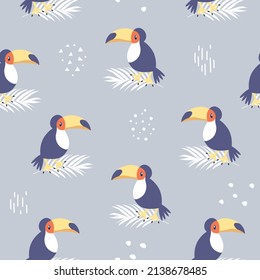 Cute toucans seamless pattern. Funny animals. Kids texture with cartoon birds. Creative vector print in Scandinavian style. Toucan on a palm branch.