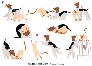 Cute Touchable Moments Friendship Pets Character Set Flat Cartoon Vector Illustration Isolated On White Background. Funny Pair Of Tailed Friends Together Play With Ball And Ribbon, Sleeping, Eating