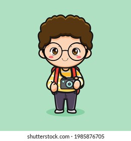 un turista lindo con diseño de vectores de cámara y mochila