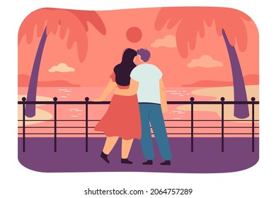 Cute tourist couple hugging while looking at sunset at sea. Back view of boyfriend and girlfriend watching seascape flat vector illustration. Love, romance, vacation concept for banner, website design