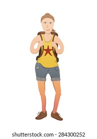Cute tourist girl with a backpack. Vector illustration, isolated on white background. 