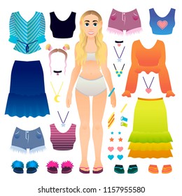 Cute Tourist Girl Paper Doll with Set of Fashionable Clothes and Shoes isolated on white.