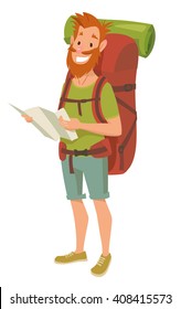 Caráter masculino turista bonito segurando um mapa. Turista com mochila grande vai fazer caminhadas.