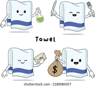 Cute towel with faces cartoon mascot hand drawn set isolated on white background