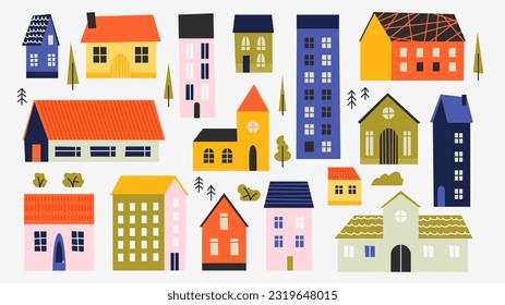Cute town buildings. Cartoon village houses exterior, variable old doodle wooden house in flat style, real estate architecture. Vector isolated set of architecture exterior home illustration