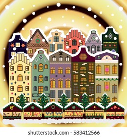 Cute town Christmas eve. Cityscape. Winter in the city, christmas decor fir-trees. Winter nature landscape. New year holidays. Winter houses, road, tree. Greeting card, poster design. Vector.