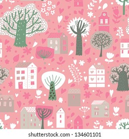 Cute town concept seamless pattern. Trees and houses in light colors in vector. Seamless pattern can be used for wallpaper, pattern fills, web page backgrounds, surface textures.