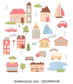 Cute Town Houses Set, Cartoon Tiny Home Funny Buildings Of City Or Village Collection