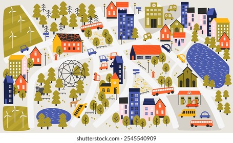 Cute town map. Cartoon hand drawn village with houses, trees and mountains, kids nursery or kindergarten road and landscape illustration. Vector set.