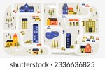 Cute town map. Children street plan with buildings and trees, cute village landscape with houses and cars. Vector cartoon community street plan. Illustration of cartoon kids city plan
