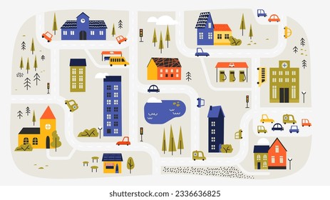 Cute town map. Children street plan with buildings and trees, cute village landscape with houses and cars. Vector cartoon community street plan. Illustration of cartoon kids city plan