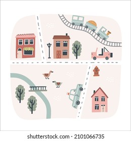 Cute town map. Hand drawn vector illustration for nursery.