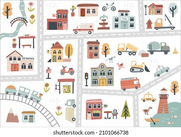 Cute town map. Hand drawn vector illustration for nursery.