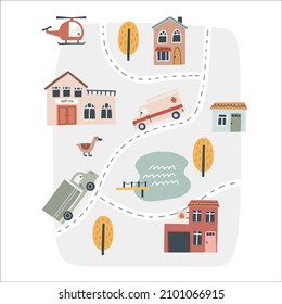 Cute town map. Hand drawn vector illustration for nursery.