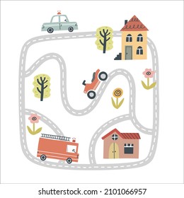 Cute town map. Hand drawn vector illustration for nursery.