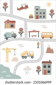 Cute Town Map. Hand Drawn Vector Illustration For Nursery.