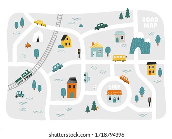Cute town map for kid's room. Hand drawn vector illustration. Nursery concept for bedding, poster.