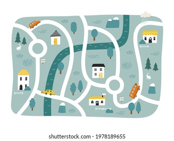 Cute town map for kid's room. Hand drawn vector illustration of a city or village with roads, streets and cars. Nursery concept for bedding, poster.