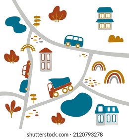 Cute Stadtplan für Kinderzimmer. handgezeichnete Vektorgrafik: Fahrzeuge, Häuser, Pflanzen, Straßen und andere. Kindergartenkonzept für Tapeten, Bettwäsche, Plakat, Druck.