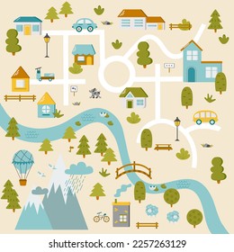 Cute town map for kids room. Landscape with lot details. Vector illustration