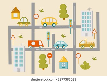 Cute town map for kids room. Landscape with lot details. Vector illustration