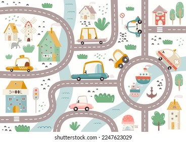 Cute Town Map. Play Mat for Kids. Cityscape with Cartoon Houses, Cars, Buildings School, Bank, Hotel, Cafe and City Road. Vector Illustration