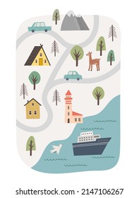 Mapa urbano y diseño de mar para niños. Cartel vector dibujado a mano. Ilustración infantil con caminos de caricatura, naturaleza, camping, bosque, montaña y animales. Concepto de guardería para ropa de cama