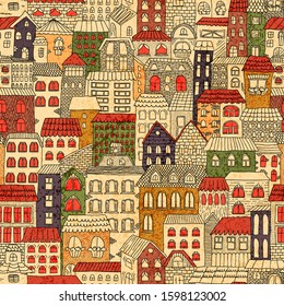 Cute town seamless pattern. Vintage background for textile, wallpaper, packaging. Freehand doodle drawing. Vector illustration.