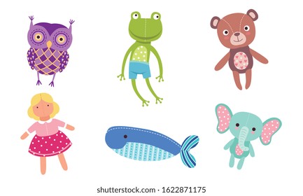 Cute Toy Animals Collection, Owl, Frog, Bear, Doll, Whale, Elephant Vector Illustration