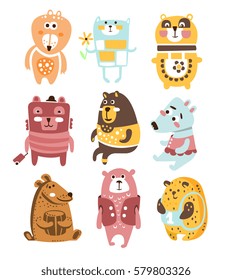 Cute Toy Bear Animals Collection Of Childish Stylized Characters In Clothes In Creative Design