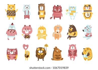 Cute Toy Bear Animals Set Of Childish Stylized Characters In Clothes In Creative Design