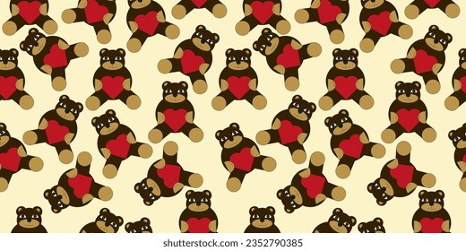 Cute toy bear cub with heart seamless pattern - cartoon - vector illustration. 