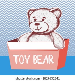A cute toy bear cub sits in a cardboard box with an inscription. Sketch. Vector