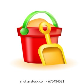 Cute Toy Bucket and Spade Icon on White Background . Isolated Vector Illustration 