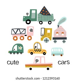 Cute toy cars. Different cars - truck, taxi, bus, eco car.