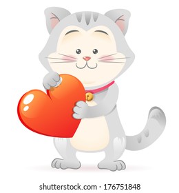 Cute toy Cat pet isolated holding heart in paws with love